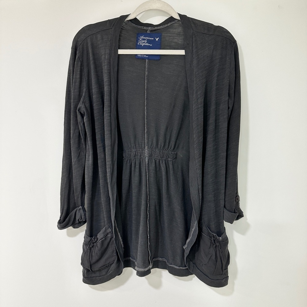 American Eagle Slub Knit Open Front‎ Cardigan Womens Small Gray Cinched Back